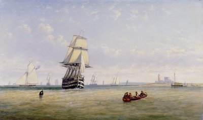 Kriegsschiffe, Schoner und königliche Marineyachten in einer belebten Kanalszene vor dem Fastnet-Leuchtturm von Claude T. Stanfield Moore